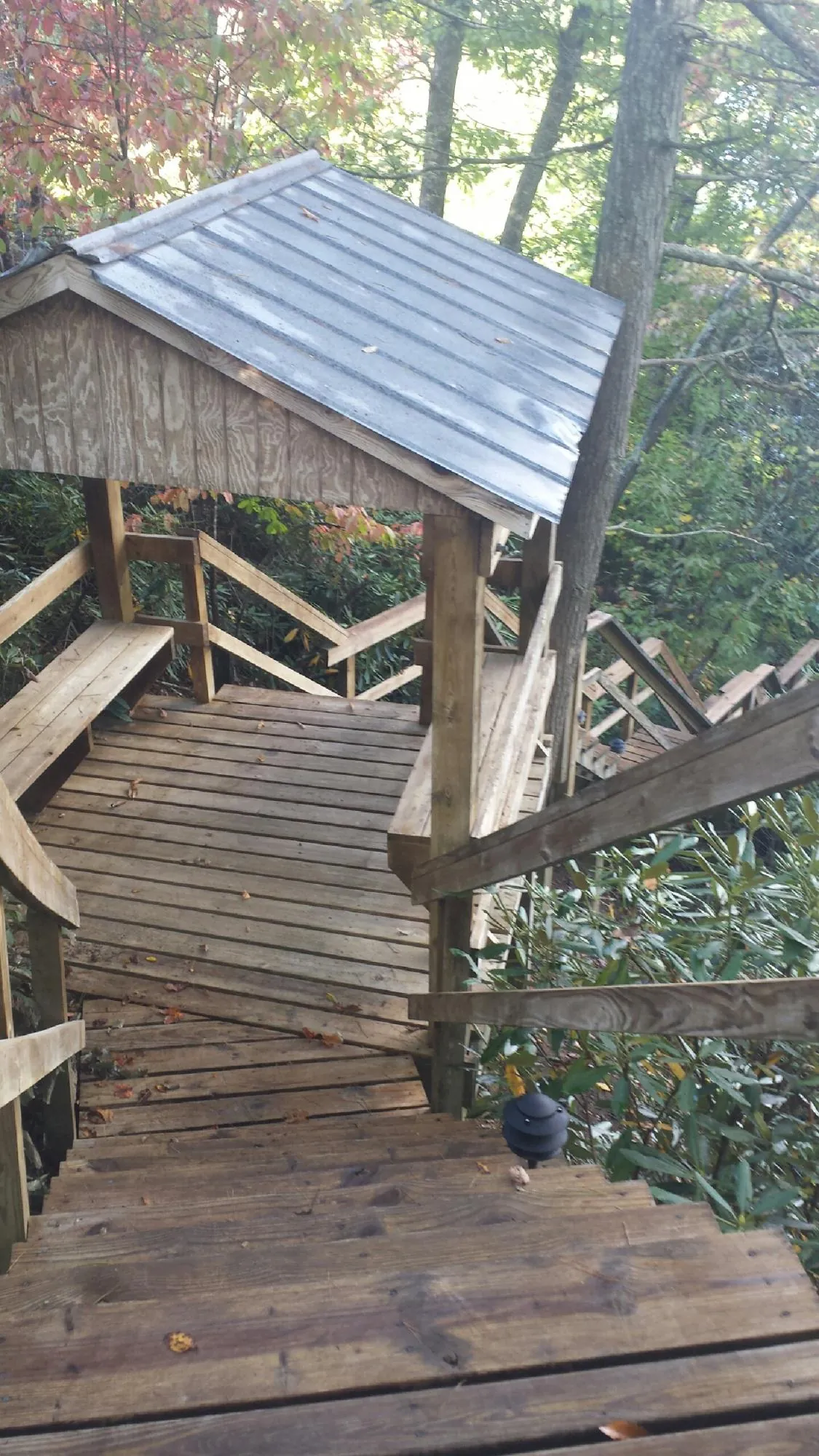 Metal roofed shelter over wooden steps on a wooded walkway — Skylight Repair & Installation work by our crew in Pray